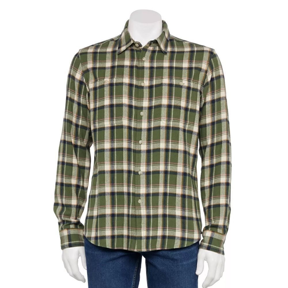 Sonoma Flannel Button-Down Shirt Pink Pop Olive Plaid 2XL L